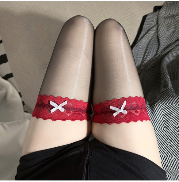FEE ET MOI - Lace Butterfly Silky Gloss Thigh Highs Stocking (Black - Red) FEE ET MOI - Lace Butterfly Silky Gloss Thigh Highs Stocking (Black - Red)